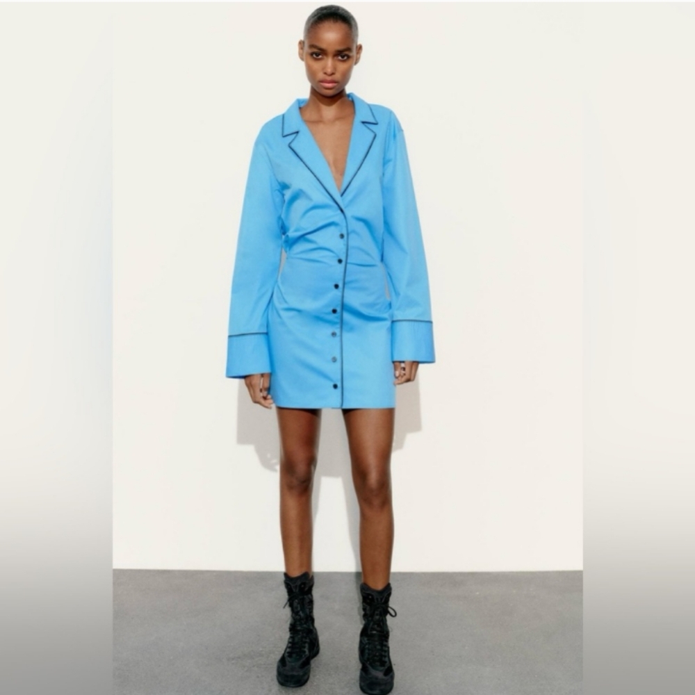 ZARA BLUE TRENCH COAT DRESS WITH CONTRASTING BLACK PIPING DETAILS
